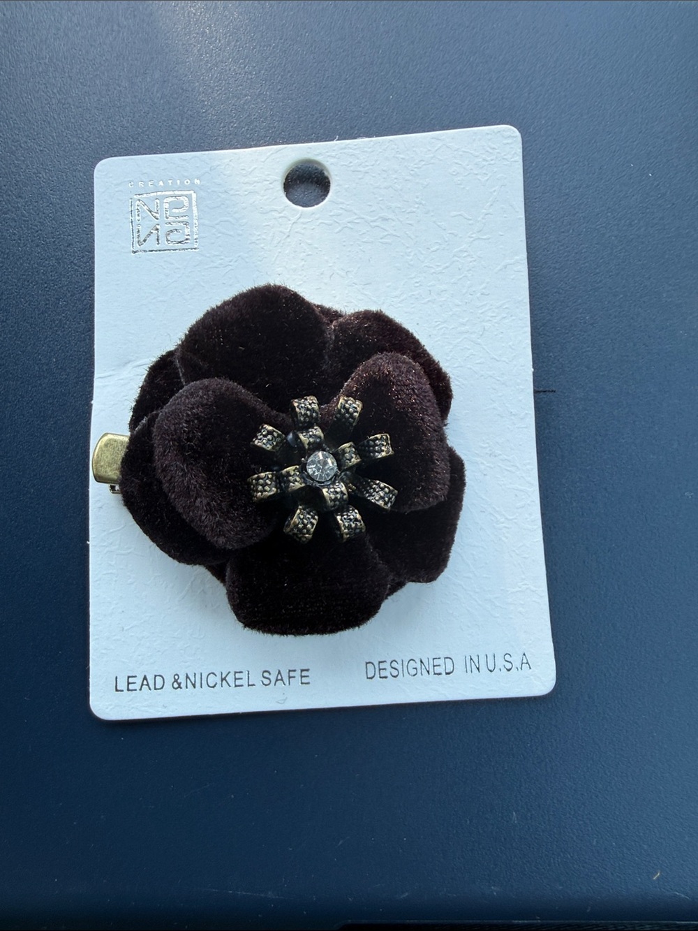 Velvet Flower Hair Clip with Crystal Accent - Dark Brown